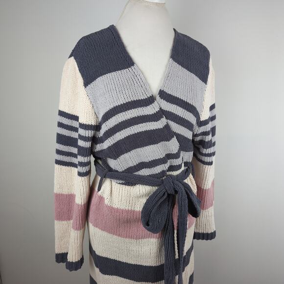 ACOA Cream Gray Pink Color Block Chenille Duster Cardigan Wrap Sweater Size XL - Picture 3 of 10
